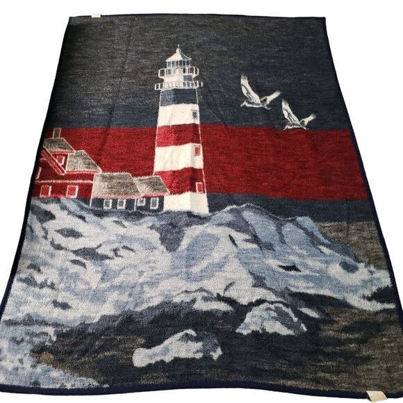 Vintage Biederlack Lighthouse Throw Blanket Reversible Nautical Made in USA - Picture 5 of 7
